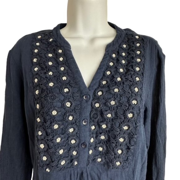Krazy‎ Kat Boho Bohemian Beaded Navy Blouse Long Sleeve - Picture 2 of 9